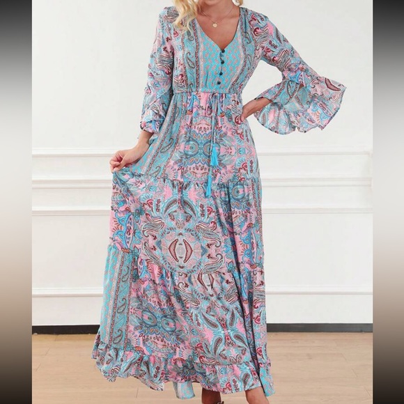 Dresses & Skirts - Boho Cottagecore Floral Paisleys Print Flare Sleeve Maxi Dress